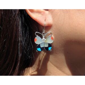 Zuni‎ Butterfly Inlay Multi Stones Dangle Earrings Native American Jewelry
